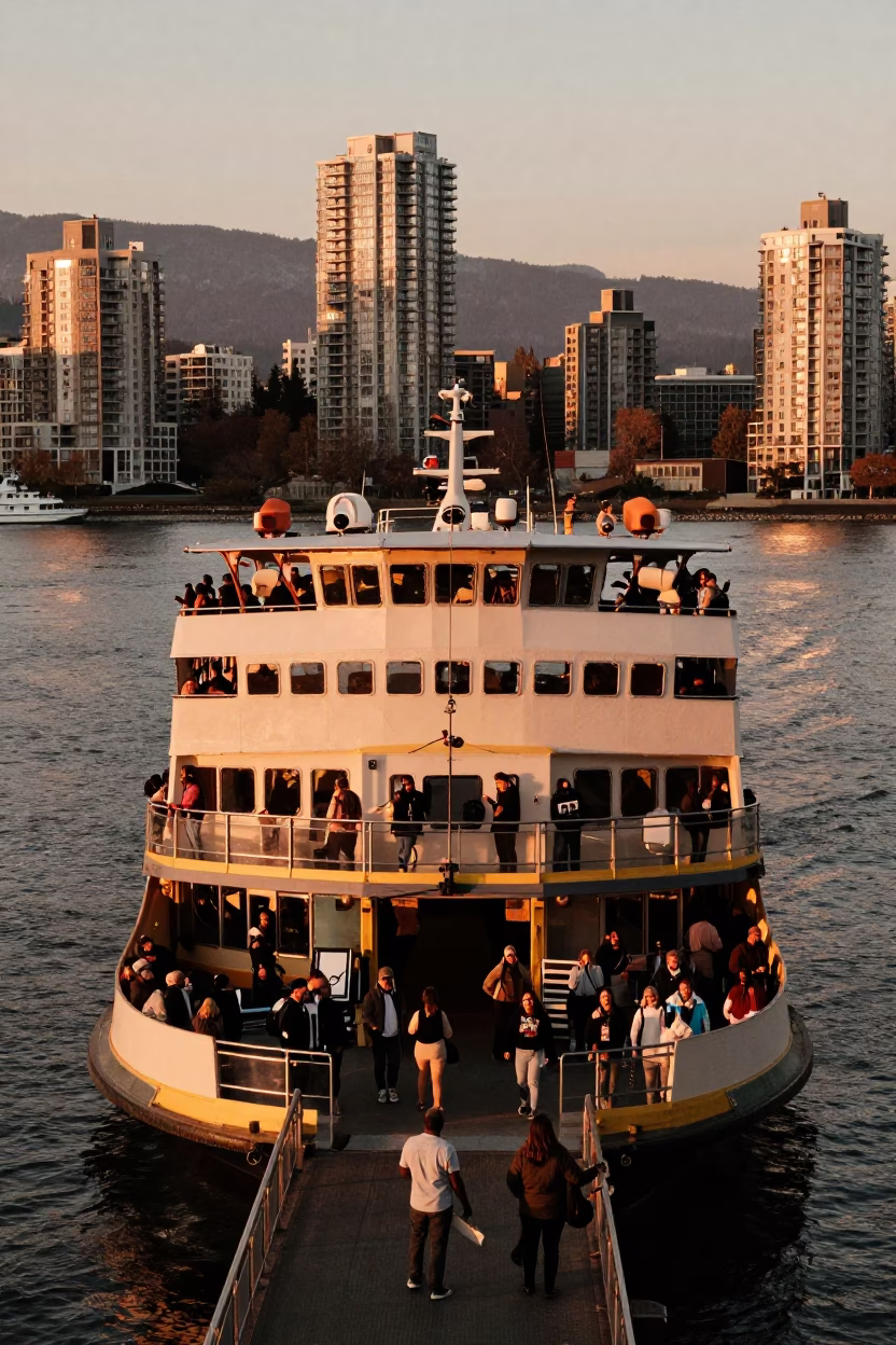 Crowded River Ferry Crossing Vancouver British Columbia in Copper-Toned Light Before Dusk in in Vancouver, British Columbia, Canada