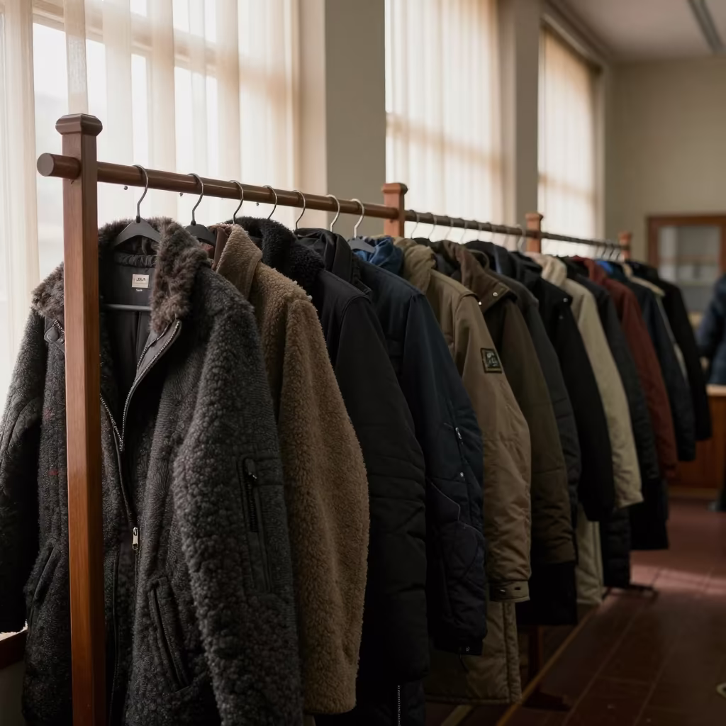 Crowded Winter Coat Rack in Pretoria Town Hall in in a fluorescent town hall meeting room near Pretoria