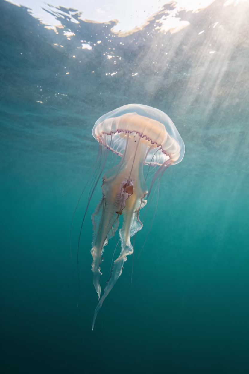 Crown Jellyfish Drifting in Mombasa Underwater Light in near Mombasa
