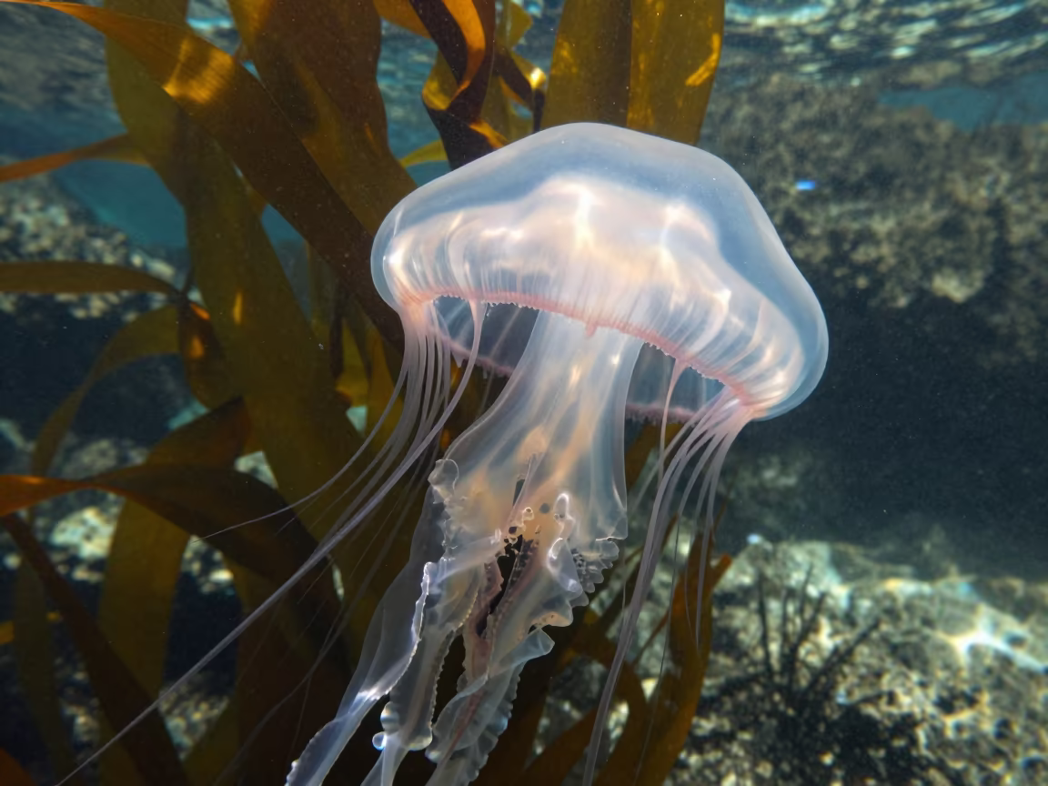 Crown Jellyfish in Kelp Light Kenya in along a kelp-fringed shelf in Kenya