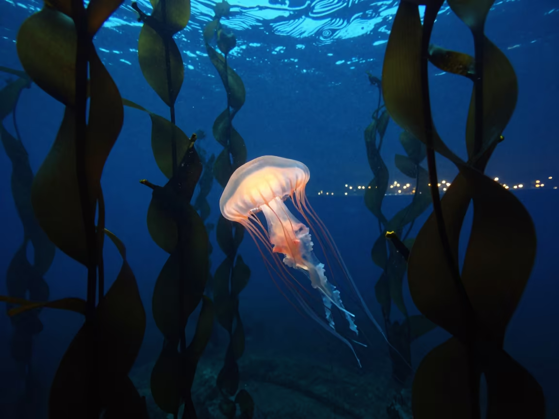 Crown Jellyfish Gliding Through Kelp in Lisbon Twilight in through a forest of kelp fronds near Lisbon