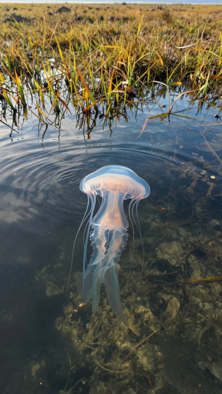 Crown Jellyfish Over Seagrass Noon Light in above a seagrass meadow near Durban