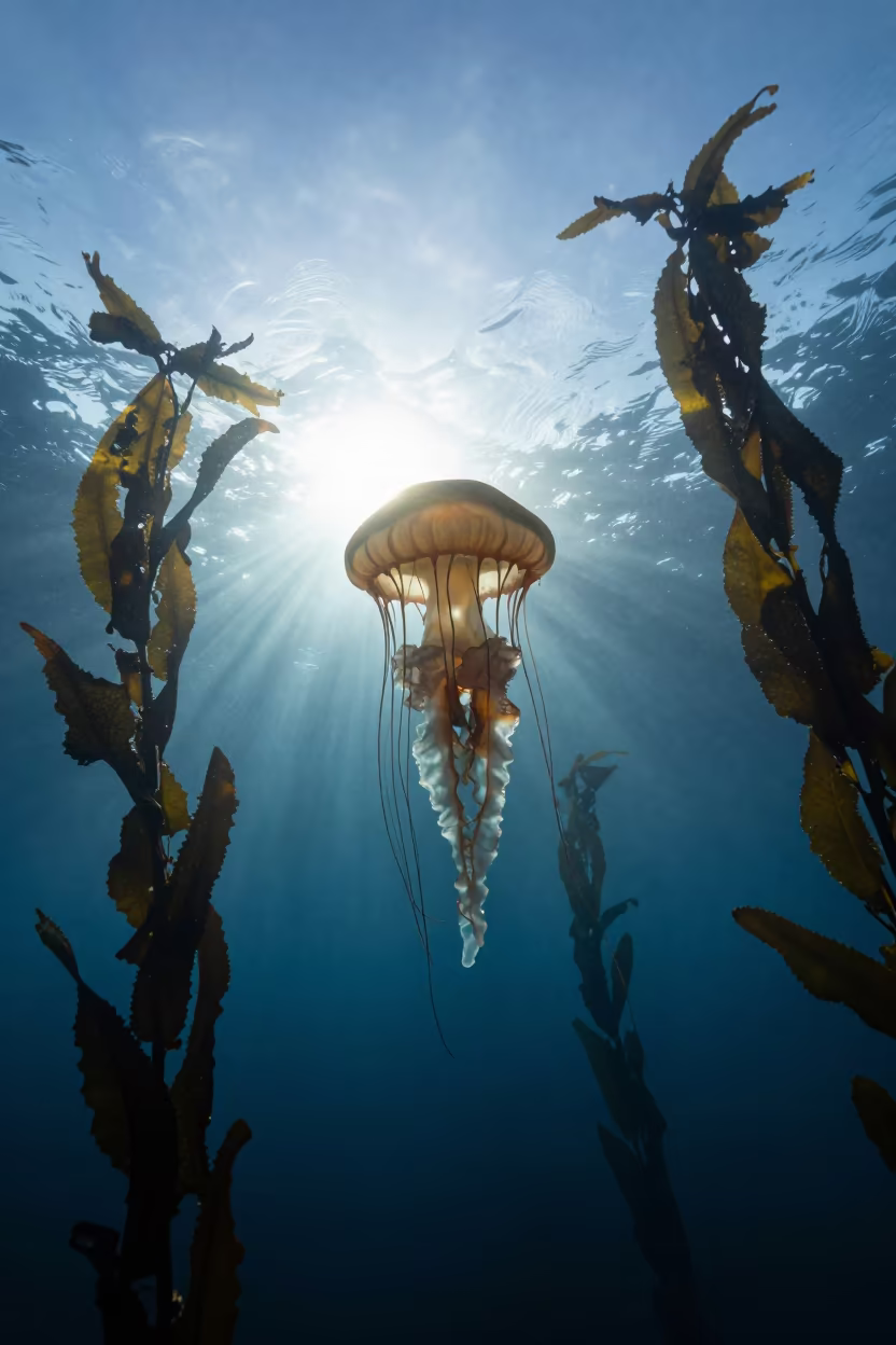 Silhouetted Crown Jellyfish in Sicilian Kelp in through a forest of kelp fronds in Sicily