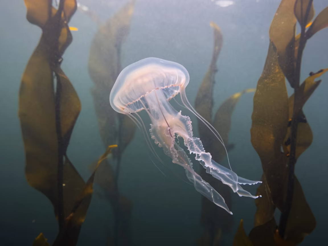 Crown Jellyfish in Silver Dawn Light in along a kelp-fringed shelf near Salvador