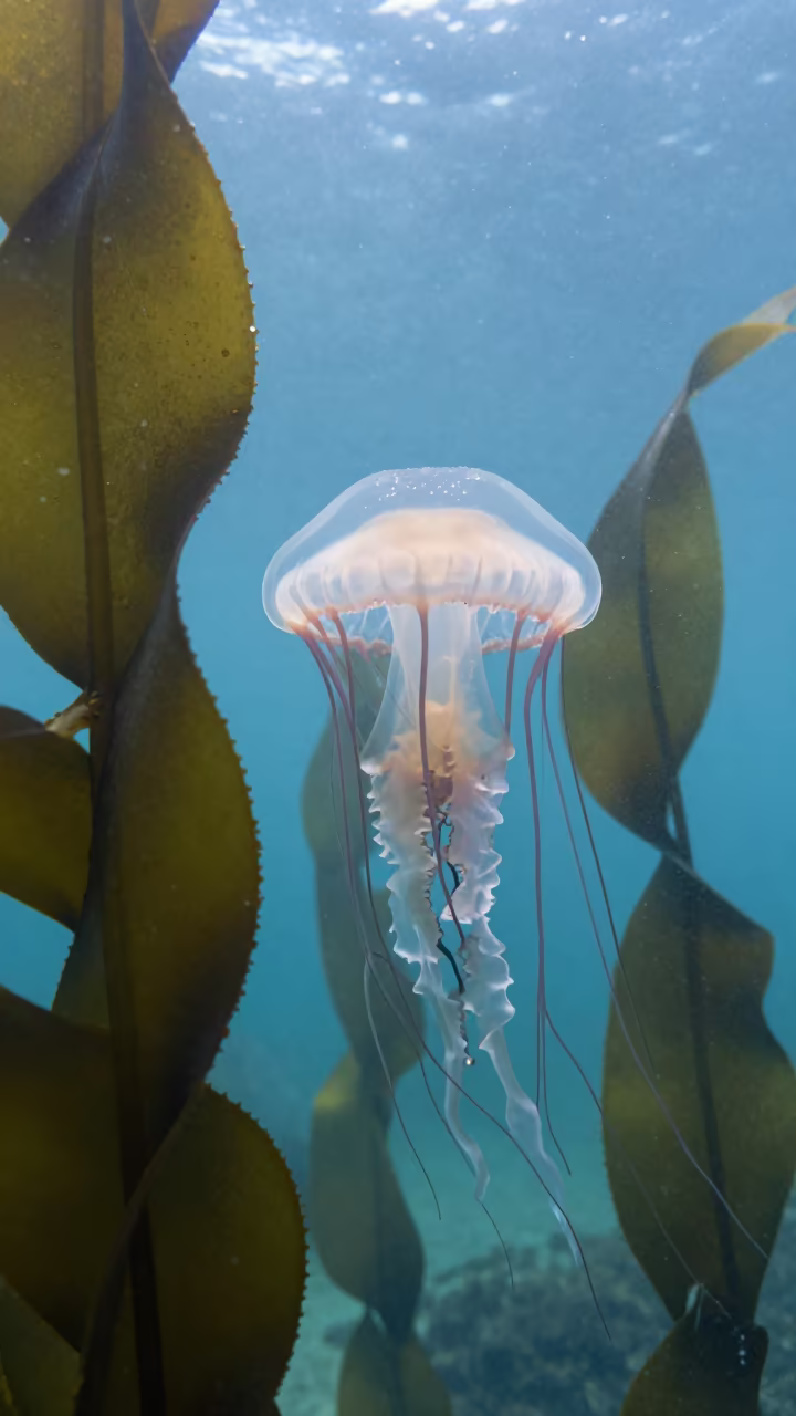 Crown Jellyfish Swimming Through Kelp Near Havana in through a forest of kelp fronds near Miramar, Havana