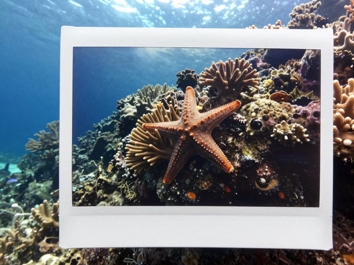 Crown-of-Thorns Starfish Feeding on Coral in along a coral wall with blue water beyond near Stone Town
