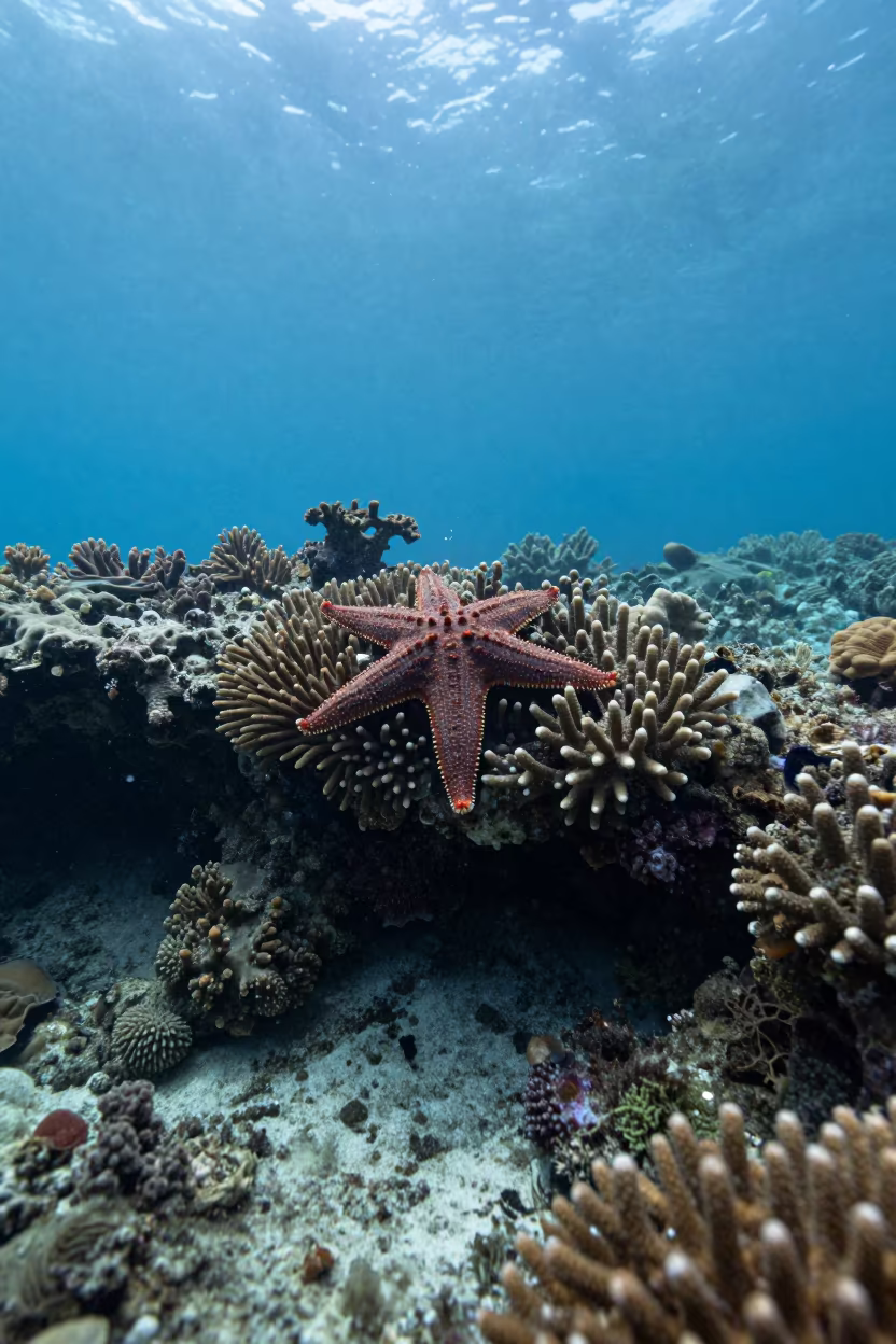 Crown-of-thorns starfish feeding on reef coral at night in beneath a reef ledge in tropical shallows near Denpasar