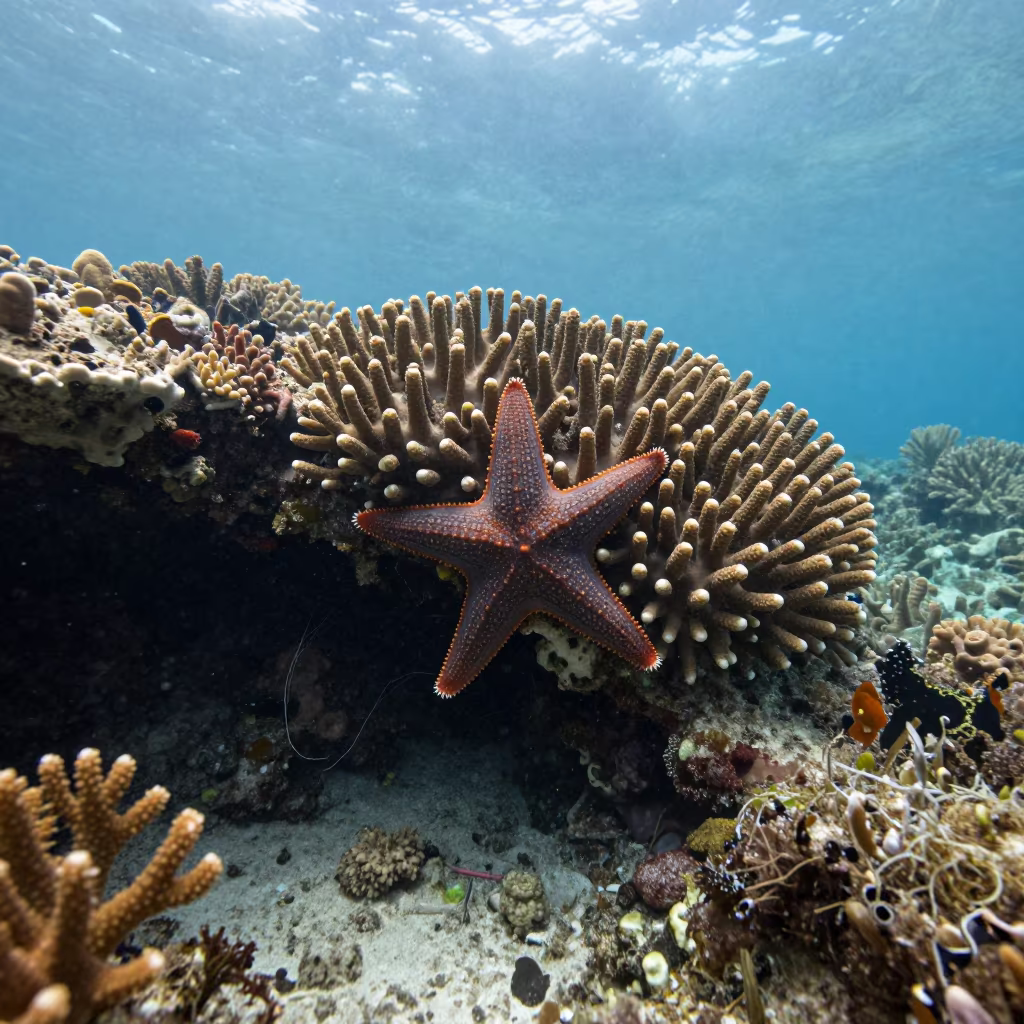 Crown-of-thorns starfish feeding on tropical reef coral in beneath a reef ledge in tropical shallows near Cairns
