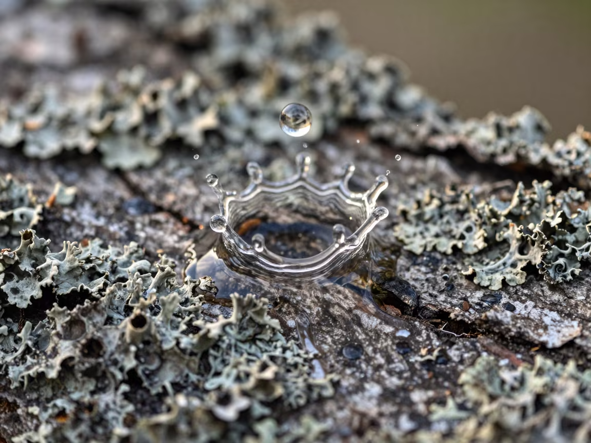 Crown Splash Macro Water Droplet Lichen Bark Santander in on lichen-covered bark in Santander