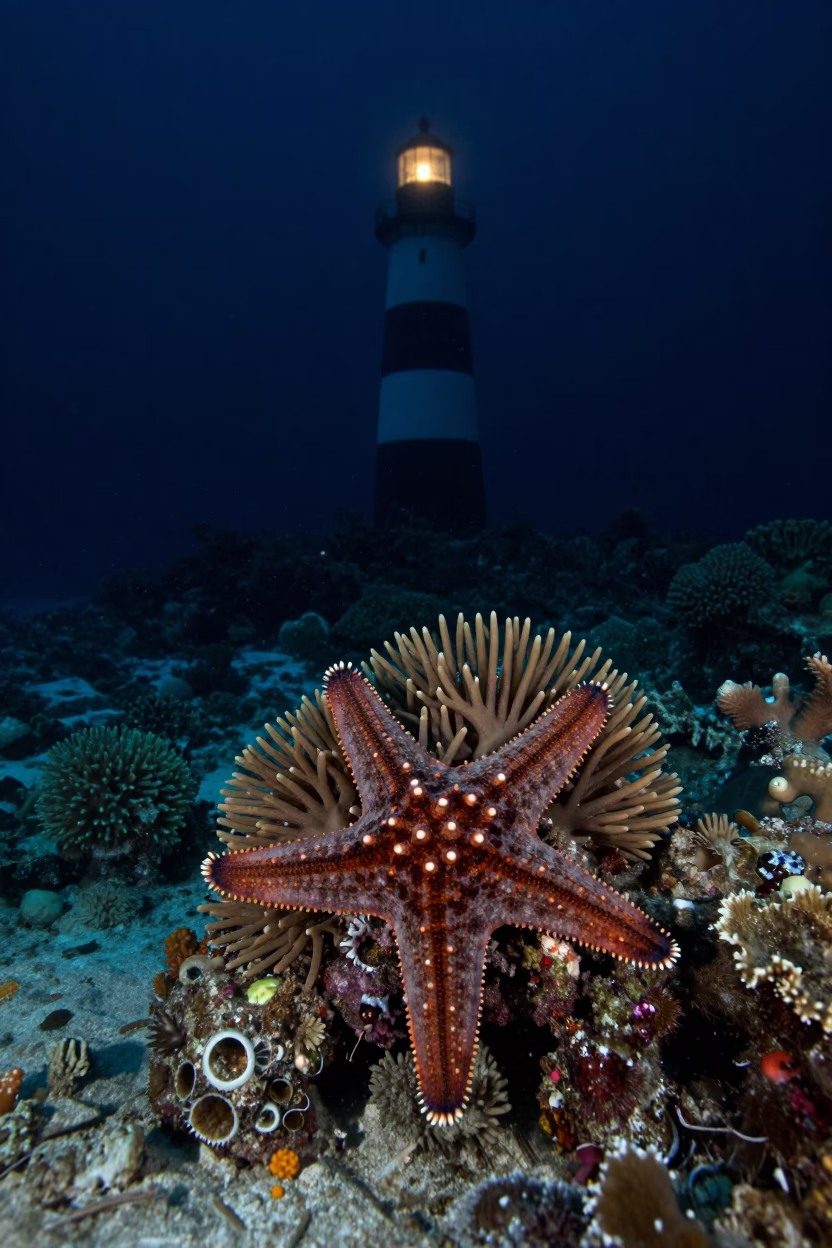 Crown of Thorns Starfish Feeding on Coral at Night in beneath a reef ledge in tropical shallows near Zanzibar