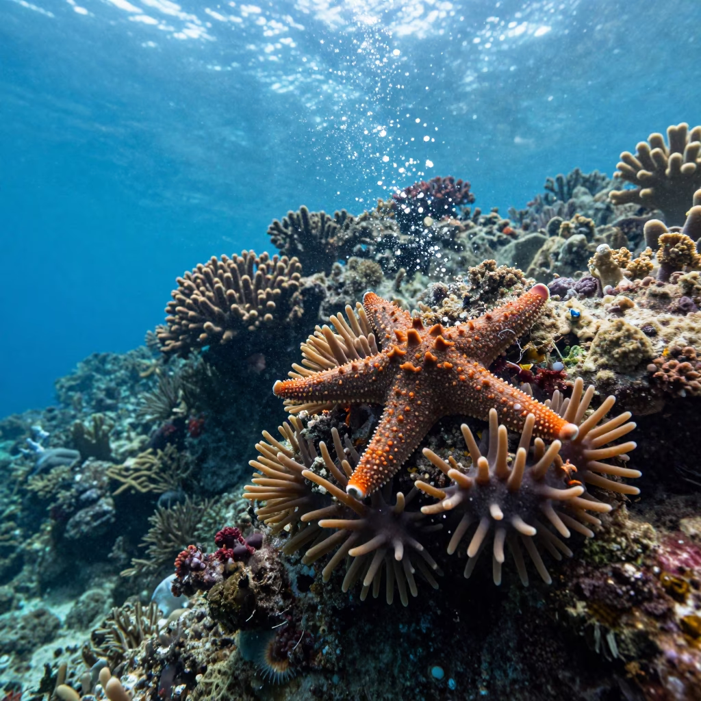 Crown of Thorns Starfish Feeding on Coral Reef in along a coral wall with blue water beyond near Denpasar