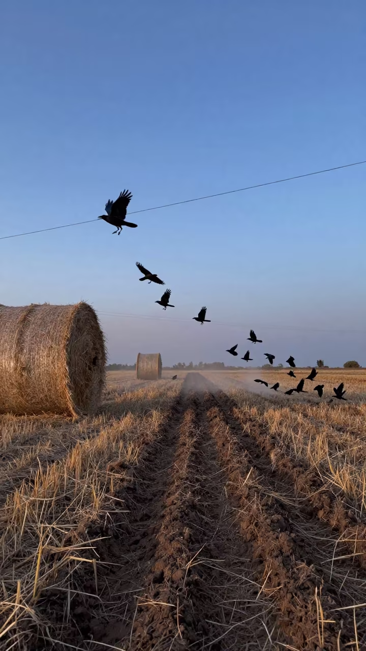 Crows Lift From Plowed Field Under Twilight Lines in beside stacked hay bales near Culiacán