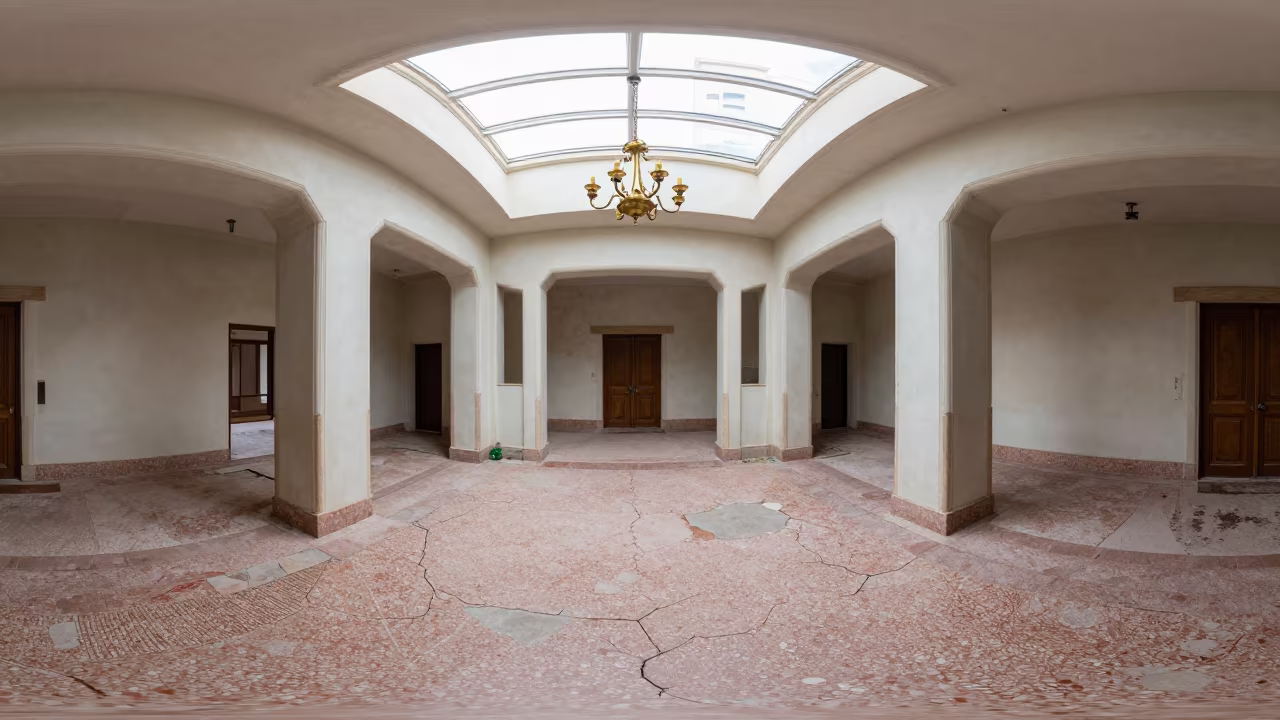 Crumbled Art Deco Lobby with Hanging Chandelier in beneath a ruined hotel atrium with a hanging chandelier in Corsica