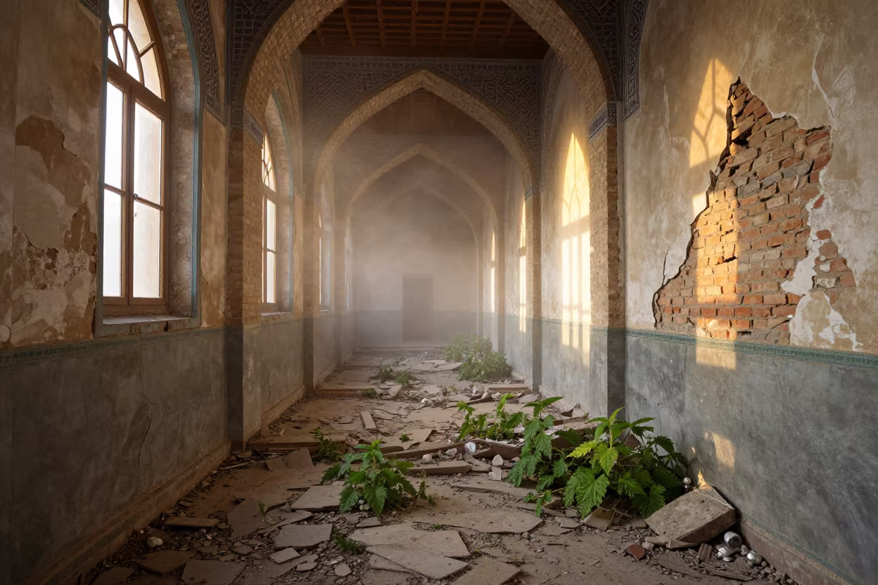 Crumbled Chapel Corridor With Nettles In Isfahan in through a shattered institutional hallway with debris underfoot in Isfahan