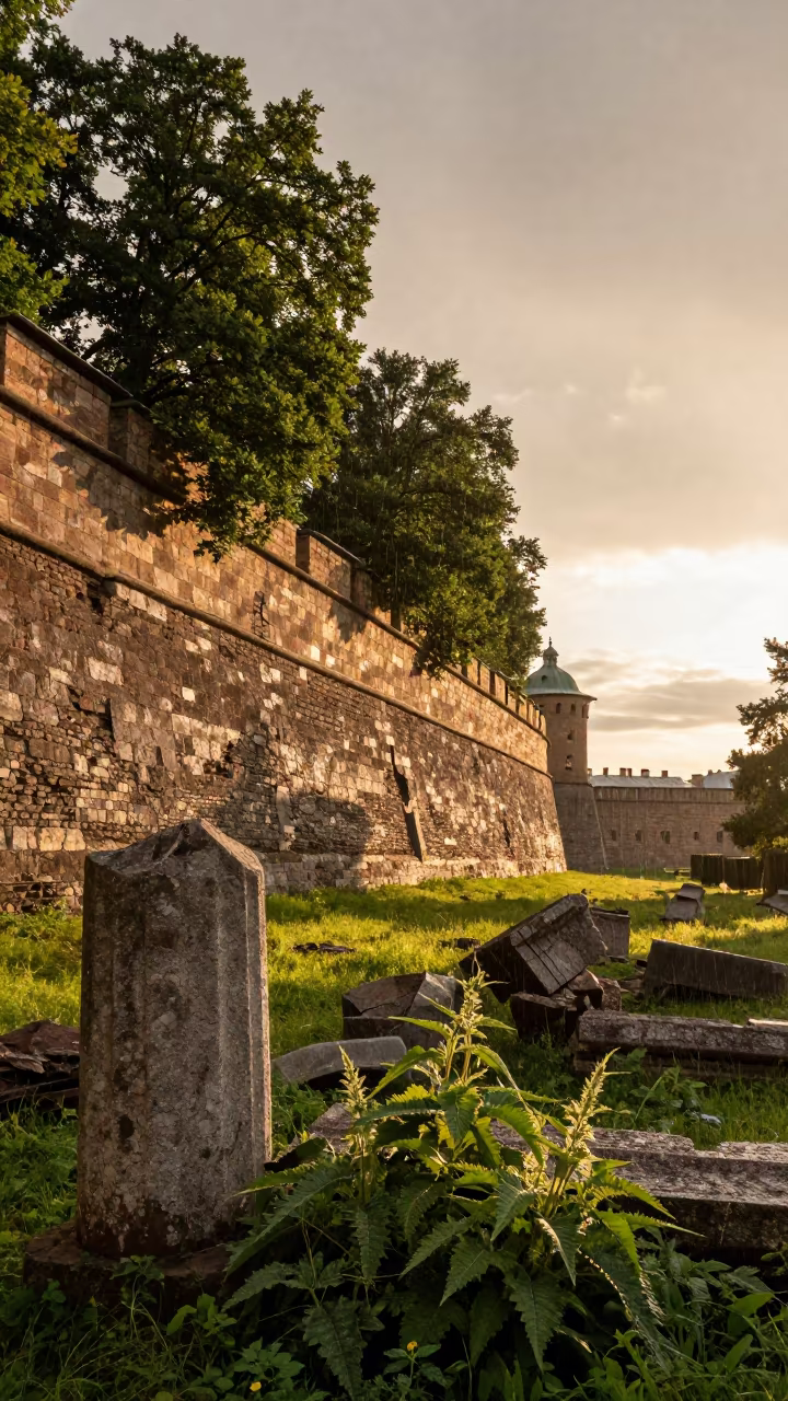 Crumbled Fortress Wall With Trees In Evening Light in among toppled columns and nettles near St Petersburg