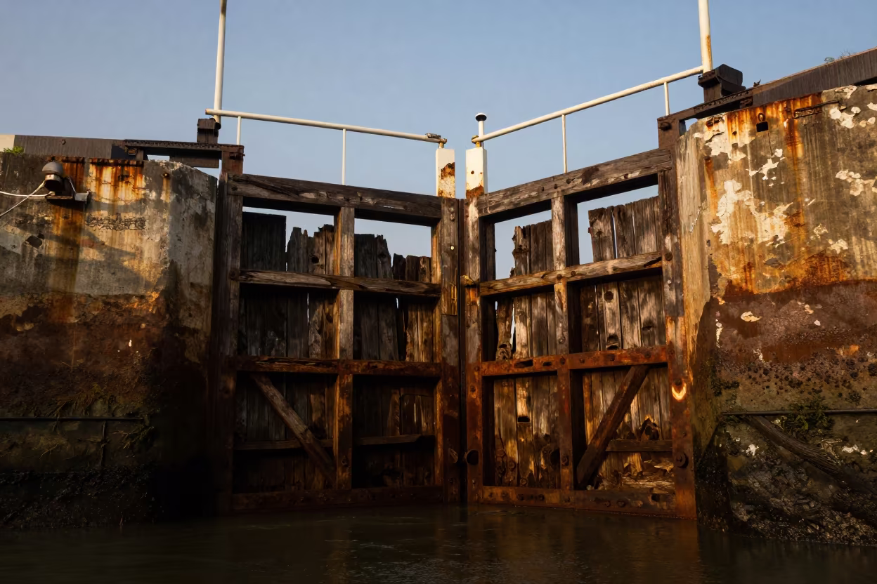 Crumbled Lock Gates in Kenya Evening Rain in beside a storm surge barrier in Kenya