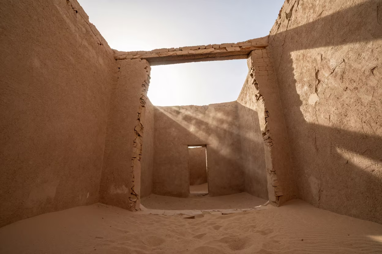 Crumbling Adobe Ruin Melting Into Desert Floor in inside a roofless nave near Nouakchott