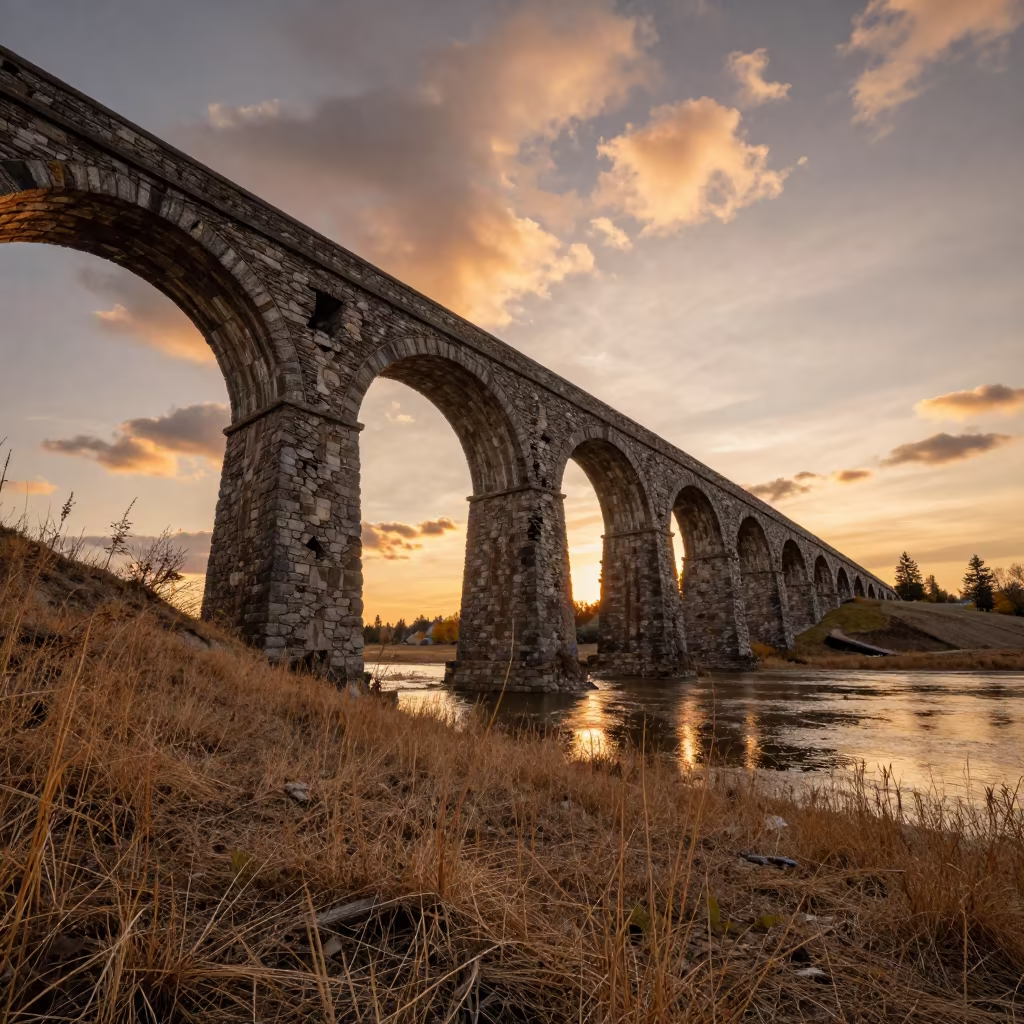 Crumbling Aqueduct Arches in Orange Sunset Light in along a levee path above floodwater in Canada
