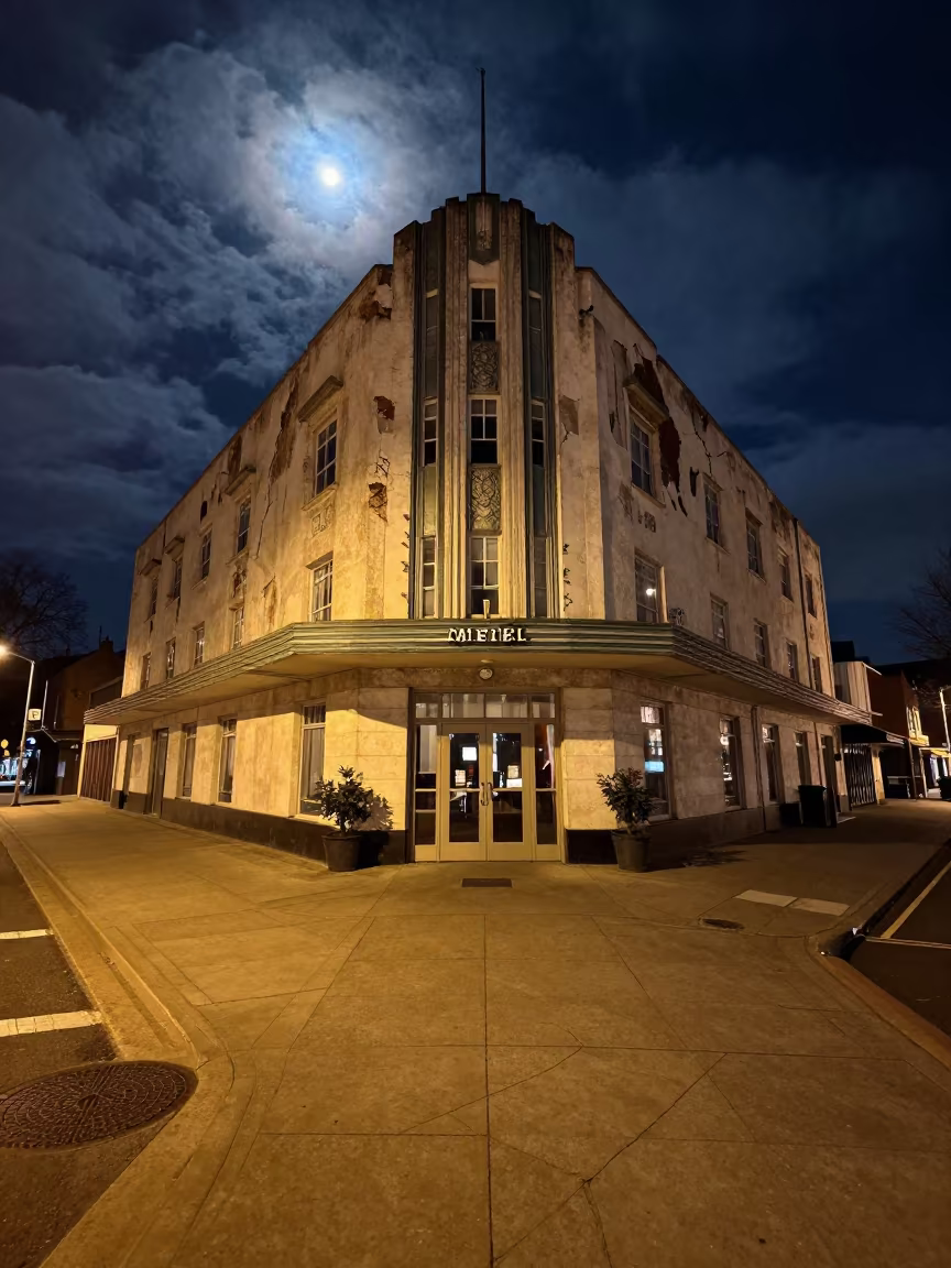 Crumbling Art Deco Hotel in Derby Night in outside a hotel entrance in Derby