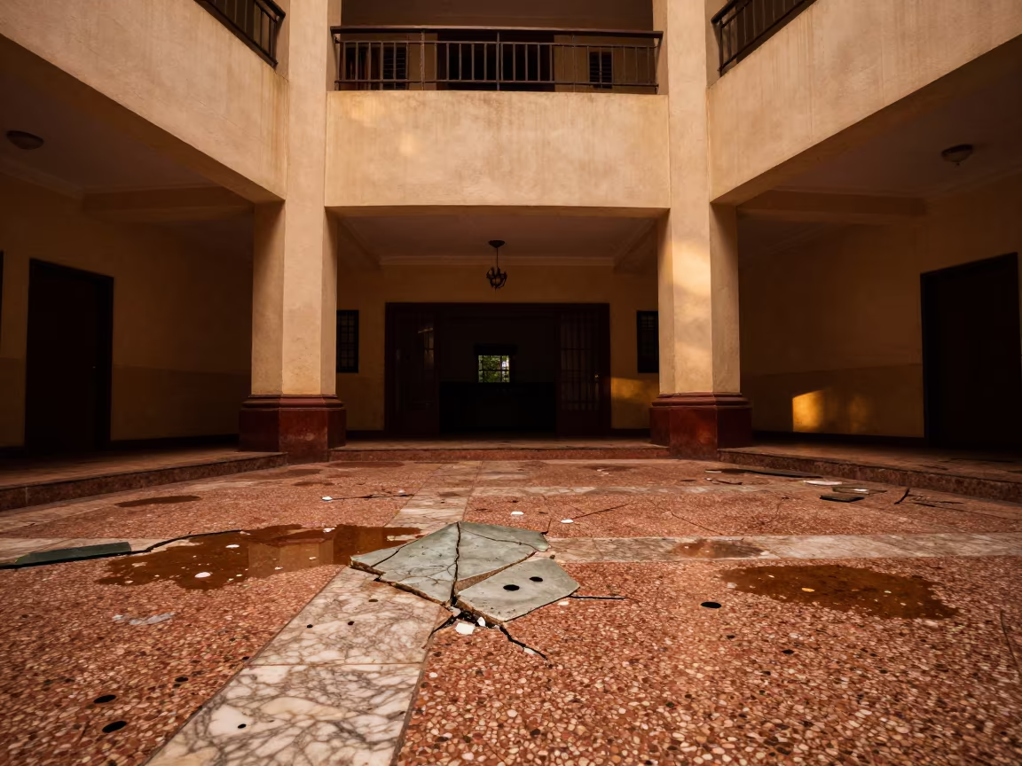 Crumbling Art Deco Lobby in Benin City in in a gutted lobby with marble and glass underfoot in Benin City