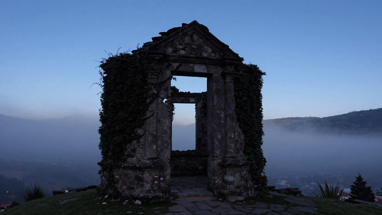 Crumbling Belvedere Misty Valley Twilight Silhouette in beside ivy-draped masonry near La Paz