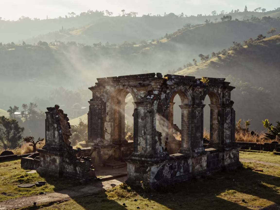 Crumbling Belvedere Over Misty Ecuador Valley in among collapsed cloisters in Ecuador
