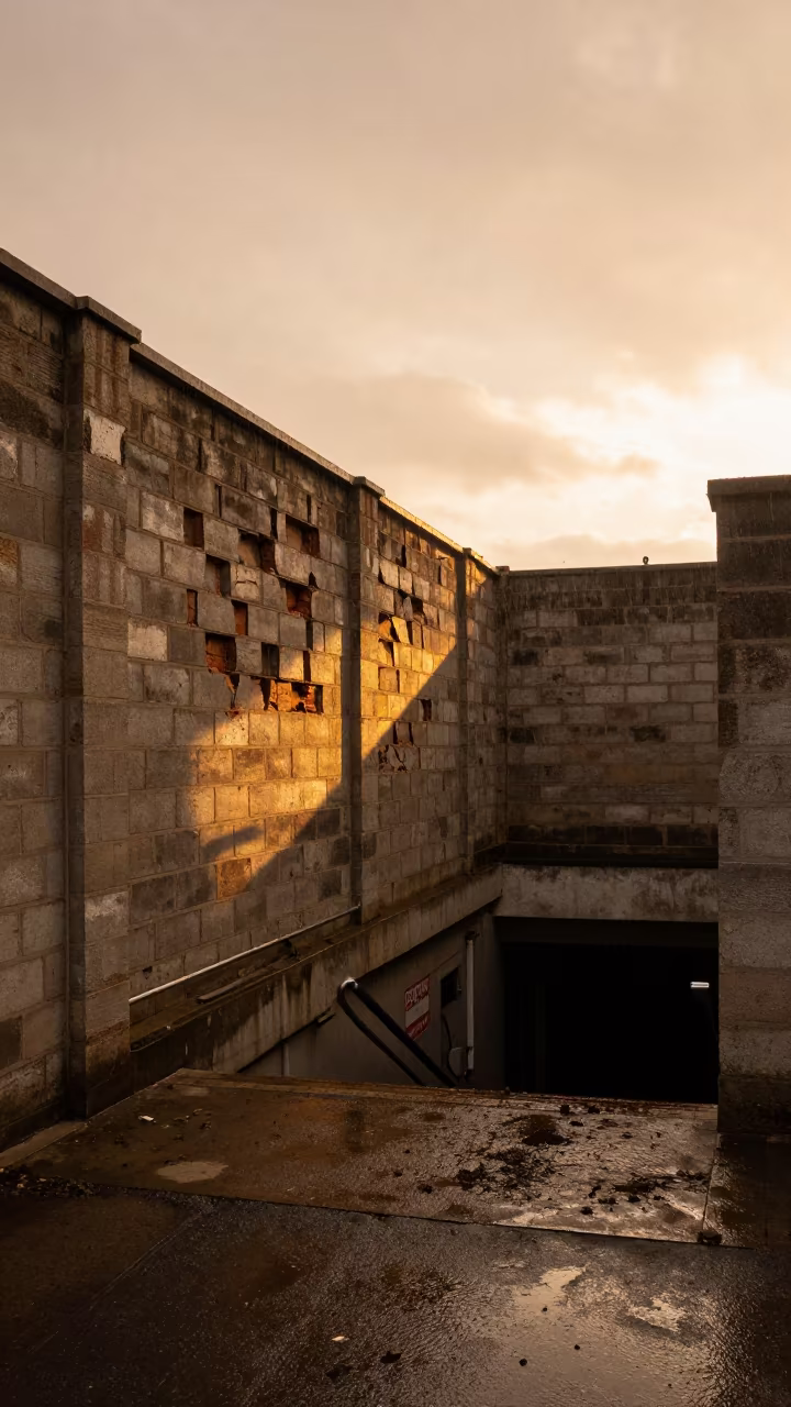 Crumbling Block Wall in Rainy Aba Alley in outside a metro entrance in Aba