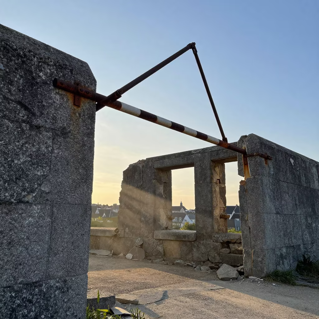 Crumbling Border Checkpoint in Brittany Ruins in among collapsed cloisters in Brittany