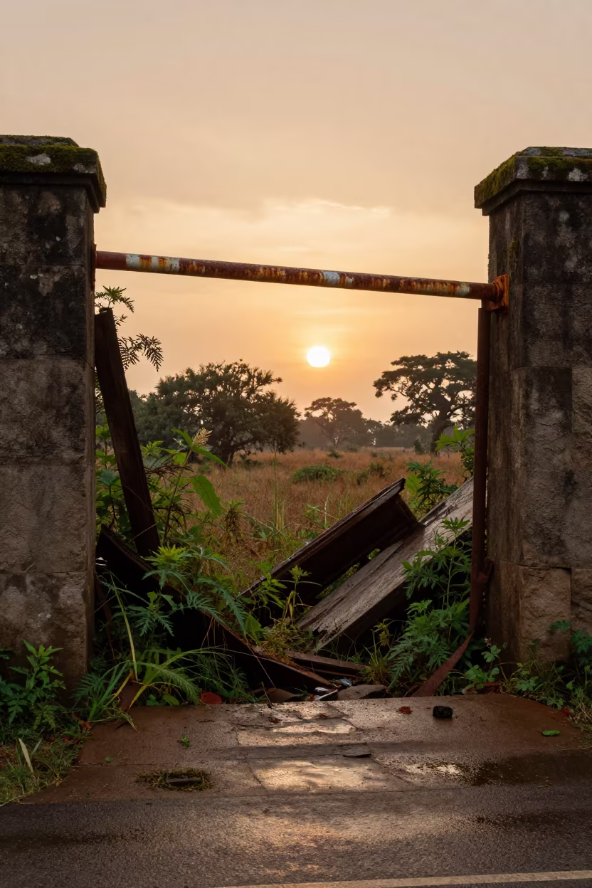 Crumbling Border Checkpoint Ruin Eswatini in among toppled columns and nettles in Eswatini