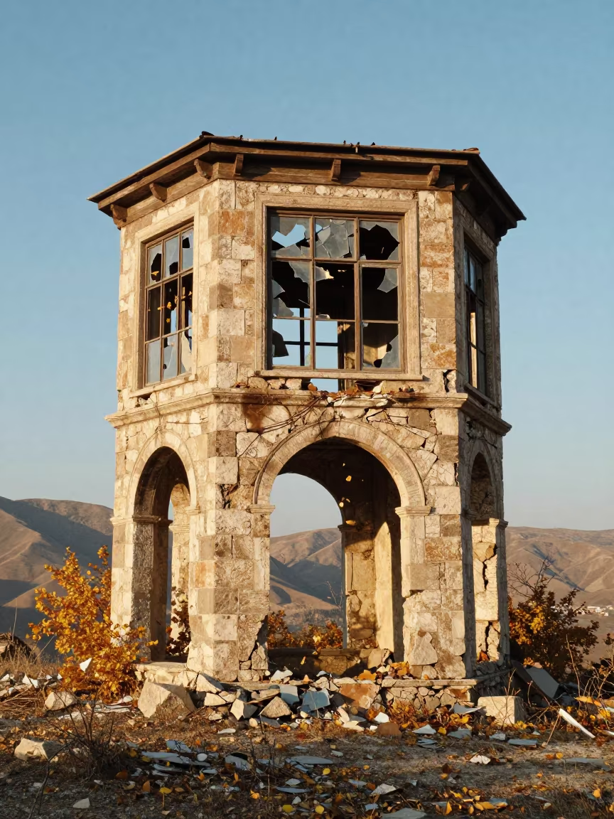 Crumbling Border Tower Autumn Light in beneath a broken stone arch near Kırşehir
