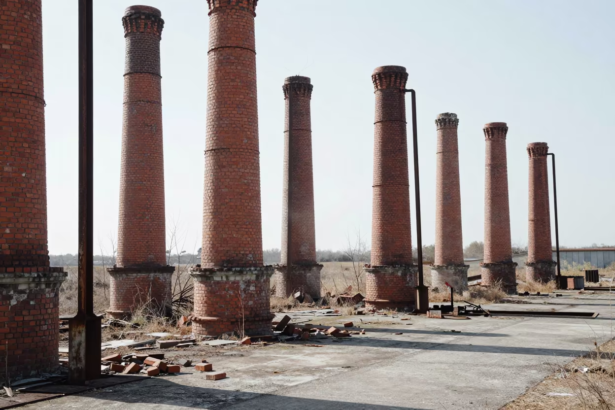 Crumbling Brick Chimneys in Port-de-Paix Hall in in a turbine hall near Port-de-Paix