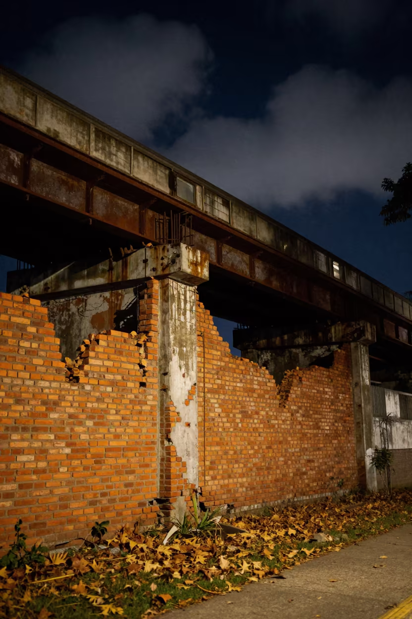 Crumbling Brick Facade Under Barinas Train Line in under an elevated train line in Barinas