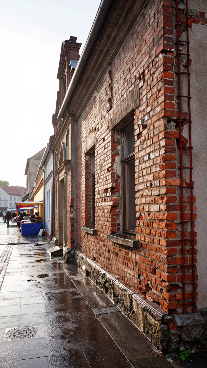 Crumbling Brick Facade and Exposed Rebar in along a market-lined side street in Wałbrzych