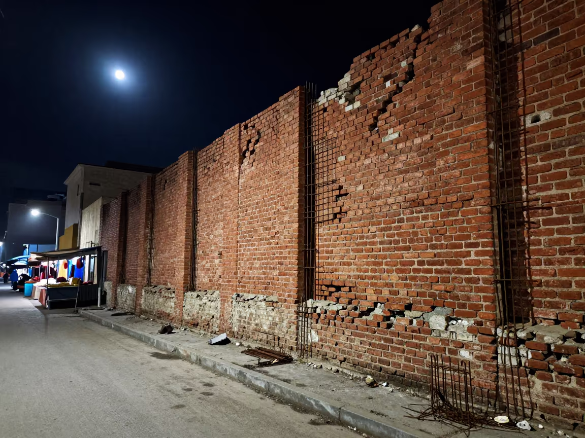 Crumbling Brick Facade Under Moonlight in Algiers in along a market-lined side street in Algiers