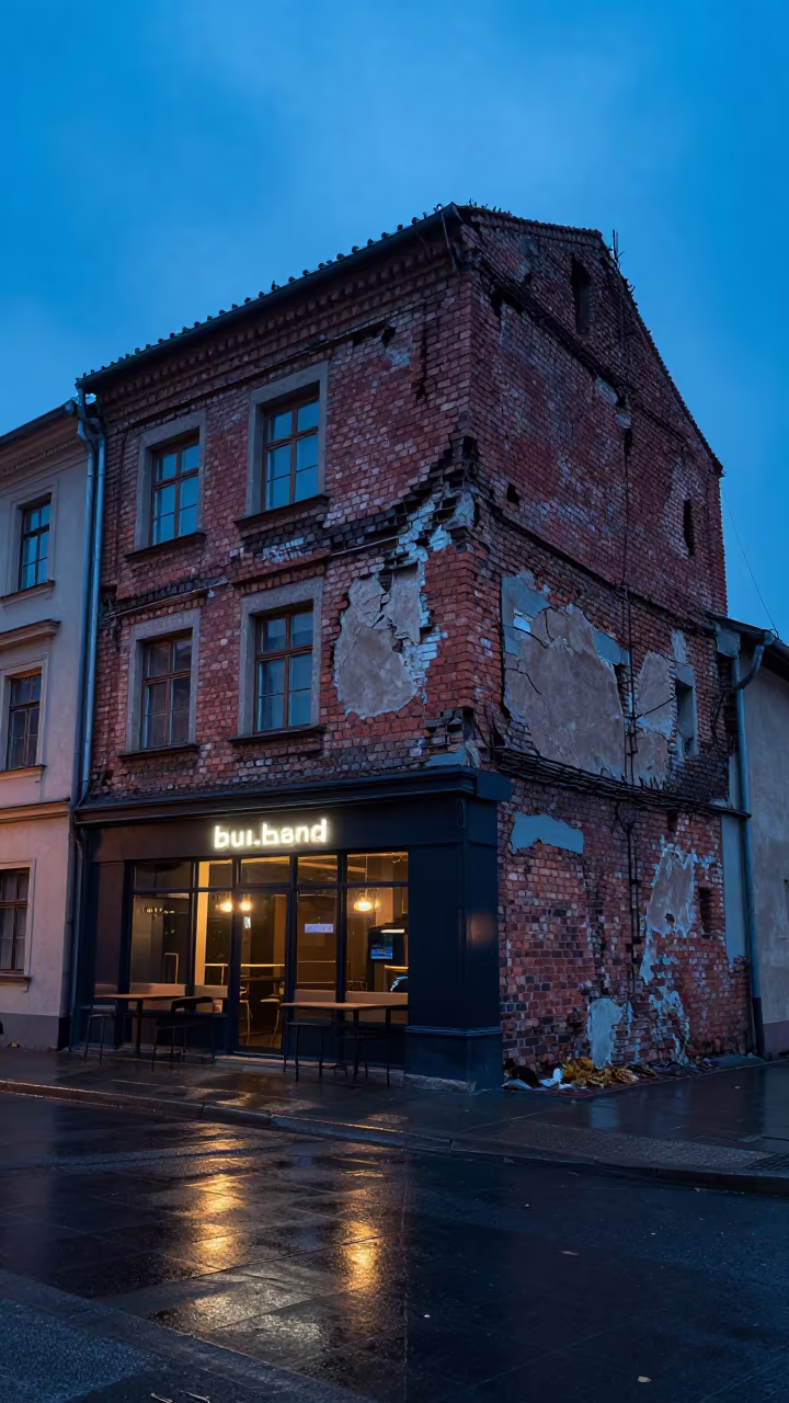 Crumbling Brick Facade Exposed Rebar Lublin Twilight in outside a corner cafe in Lublin