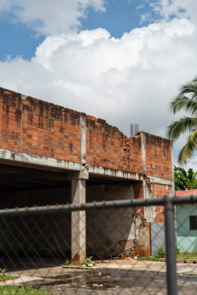 Crumbling Brick Wall and Rebar Under Noon Light in Lobito in beneath a flickering underpass light in Lobito