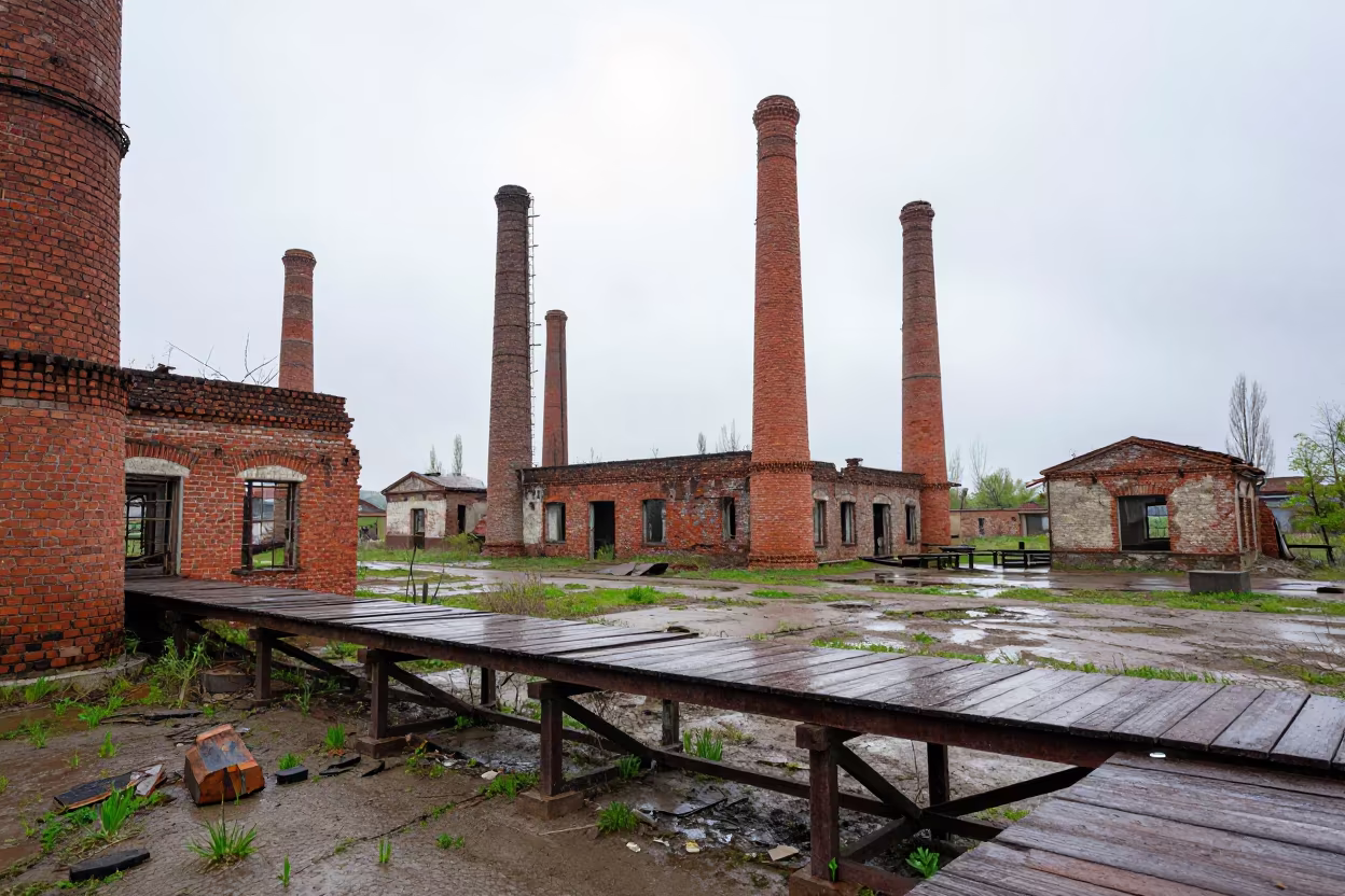 Crumbling Brickworks Chimney Under Noon Rain in on a scaffold platform near Veliko Tarnovo