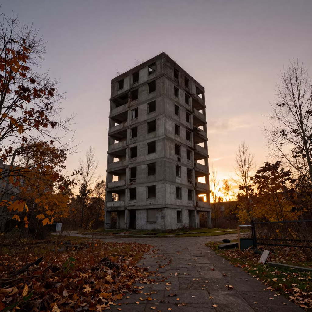 Crumbling Brutalist Tower in Autumn Dusk in through an abandoned ceremonial court in British Columbia