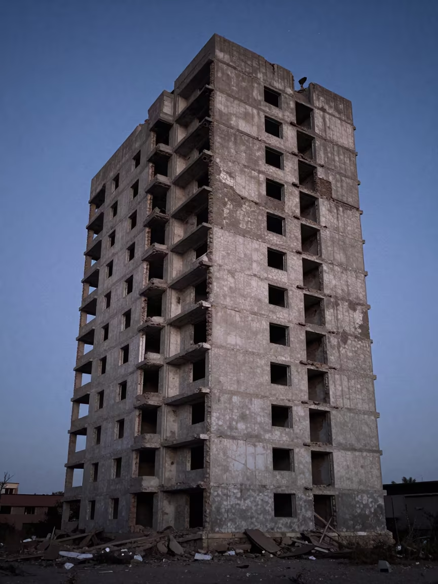 Crumbling Brutalist Tower in Jijiga Moonlight in near Jijiga