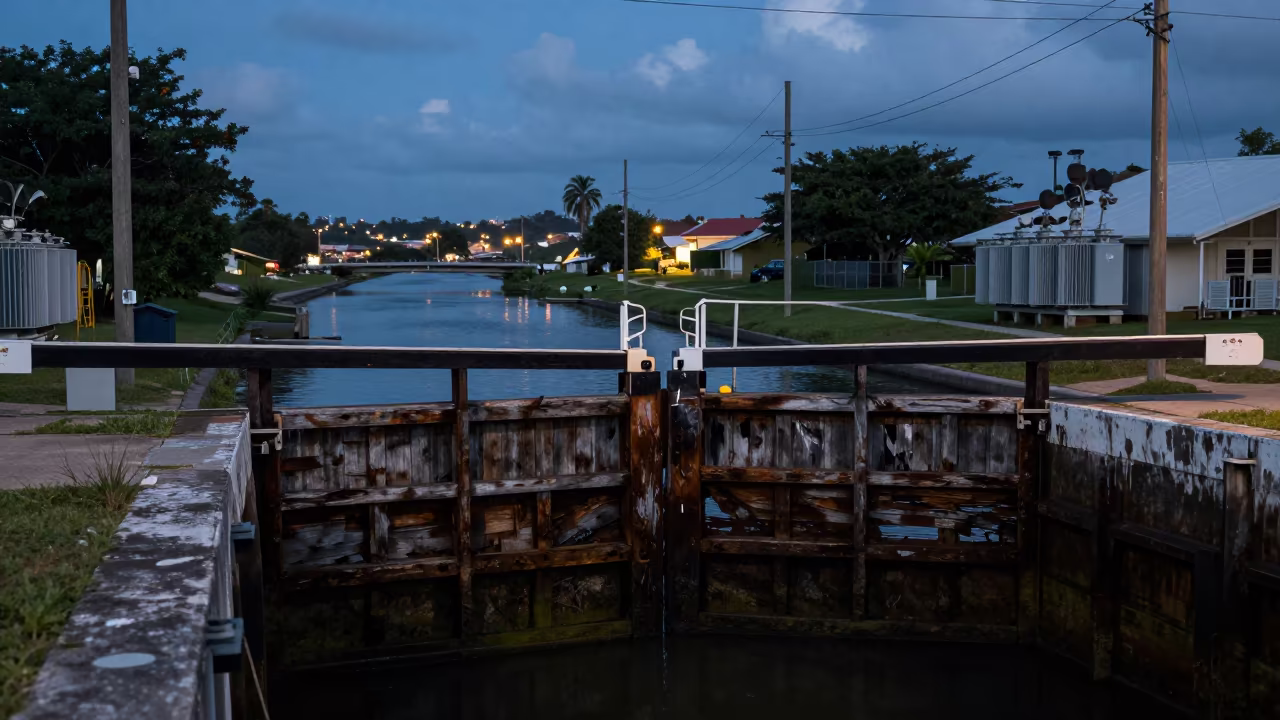 Crumbling Canal Lock Gates at Jamaican Overpass in across a windy overpass interchange in Jamaica