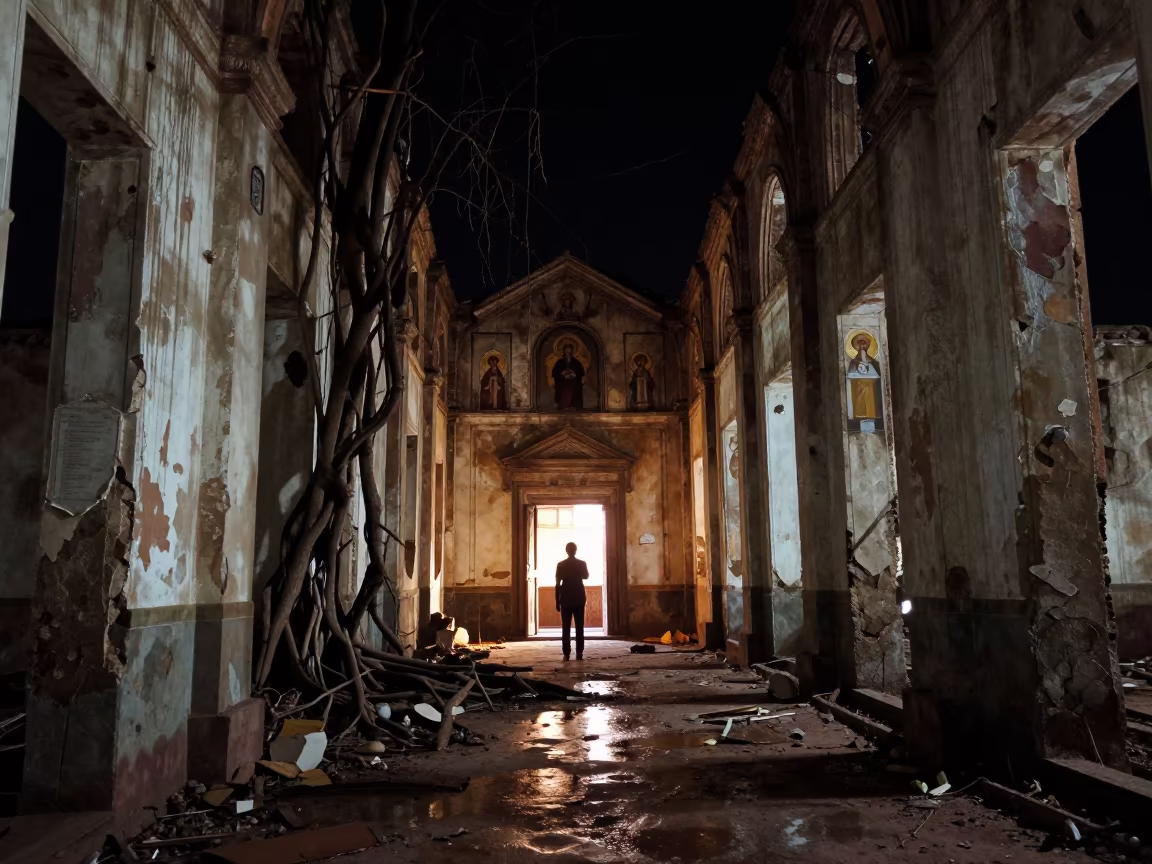 Crumbling Chapel Corridor Night Firelight Ruins in through a shattered institutional hallway with debris underfoot near Harare