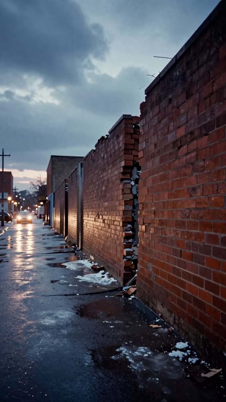 Crumbling Cinder Block Alley Winter Evening in along a market-lined side street in Griffintown, Montreal