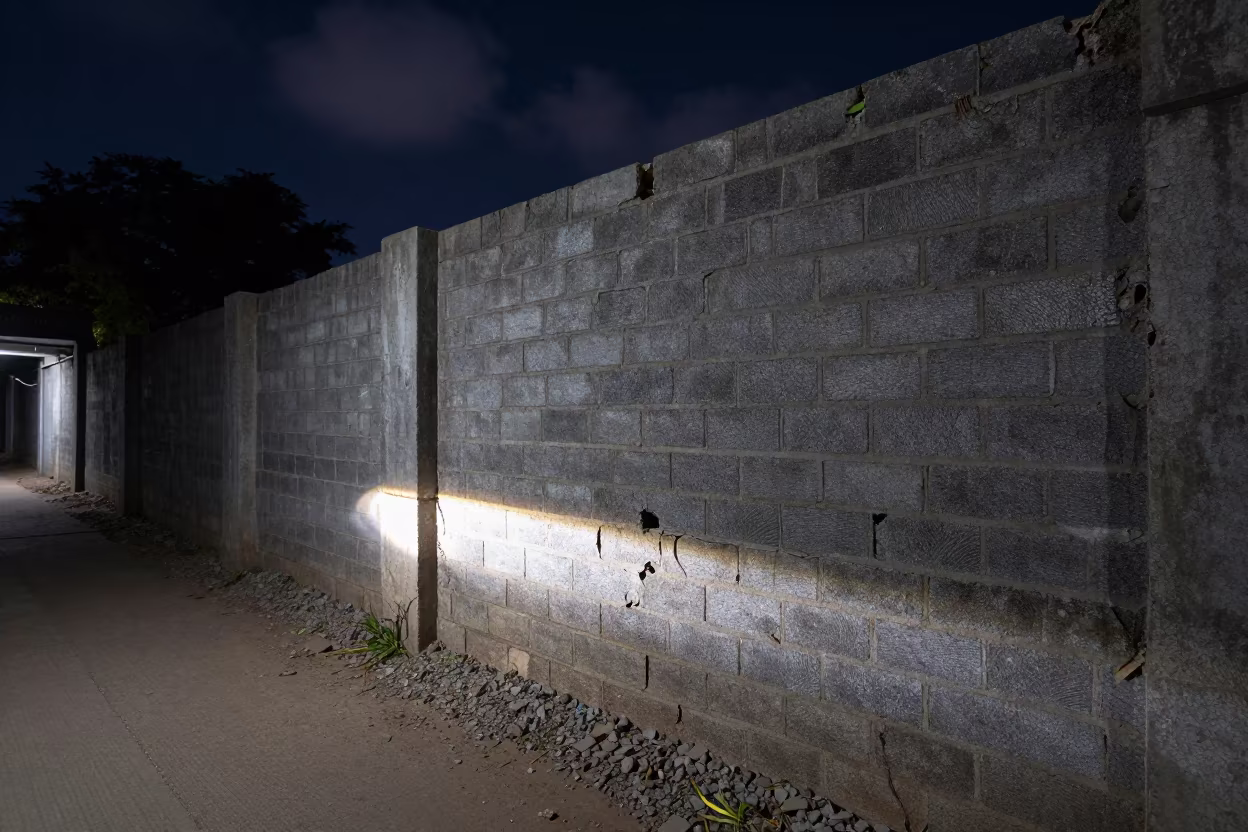 Crumbling Cinder Block Wall at Tram Stop Midnight in at a tram stop in Nizamabad