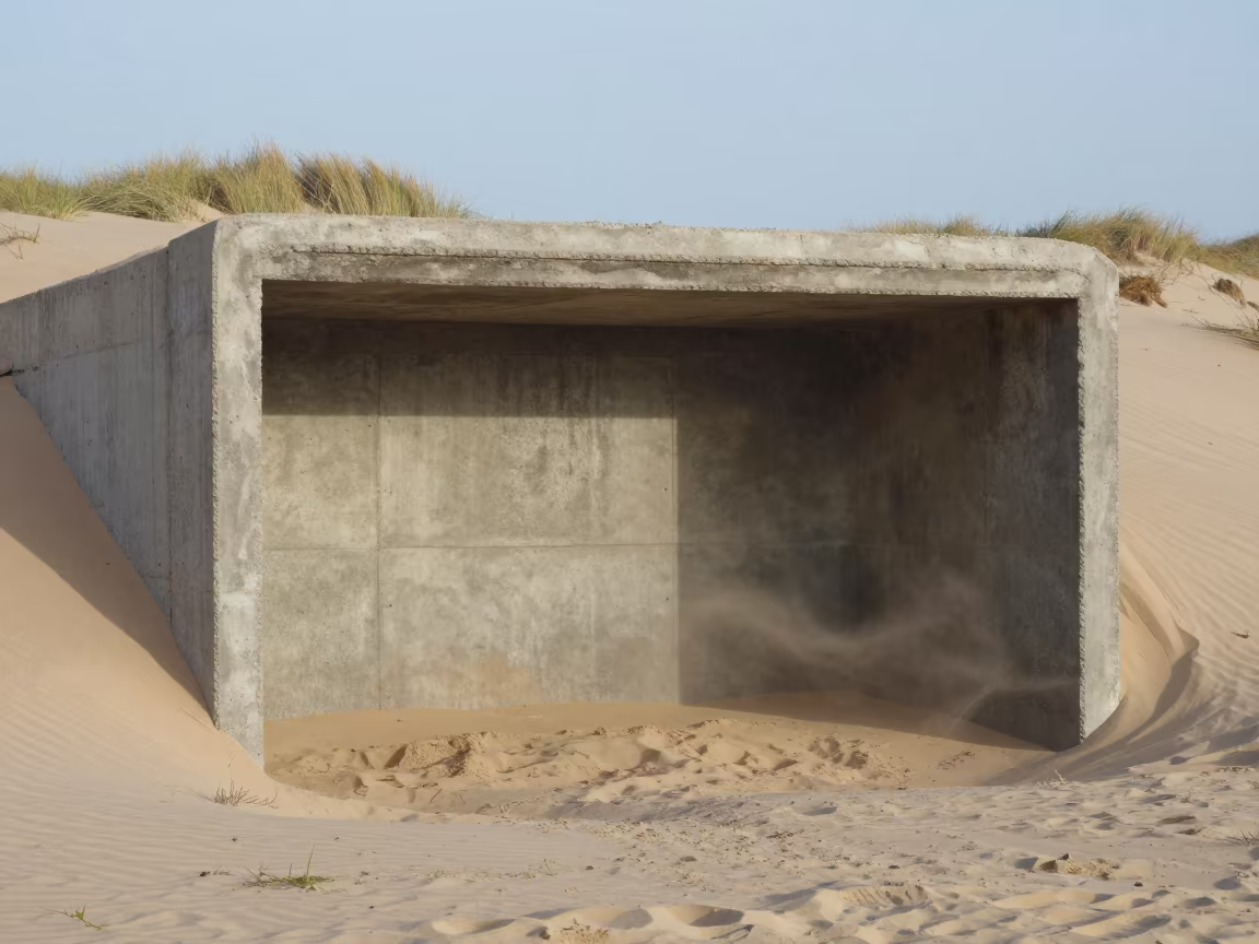 Crumbling Concrete Bunker in Coastal Dunes in inside a roofless hammam in Rajasthan