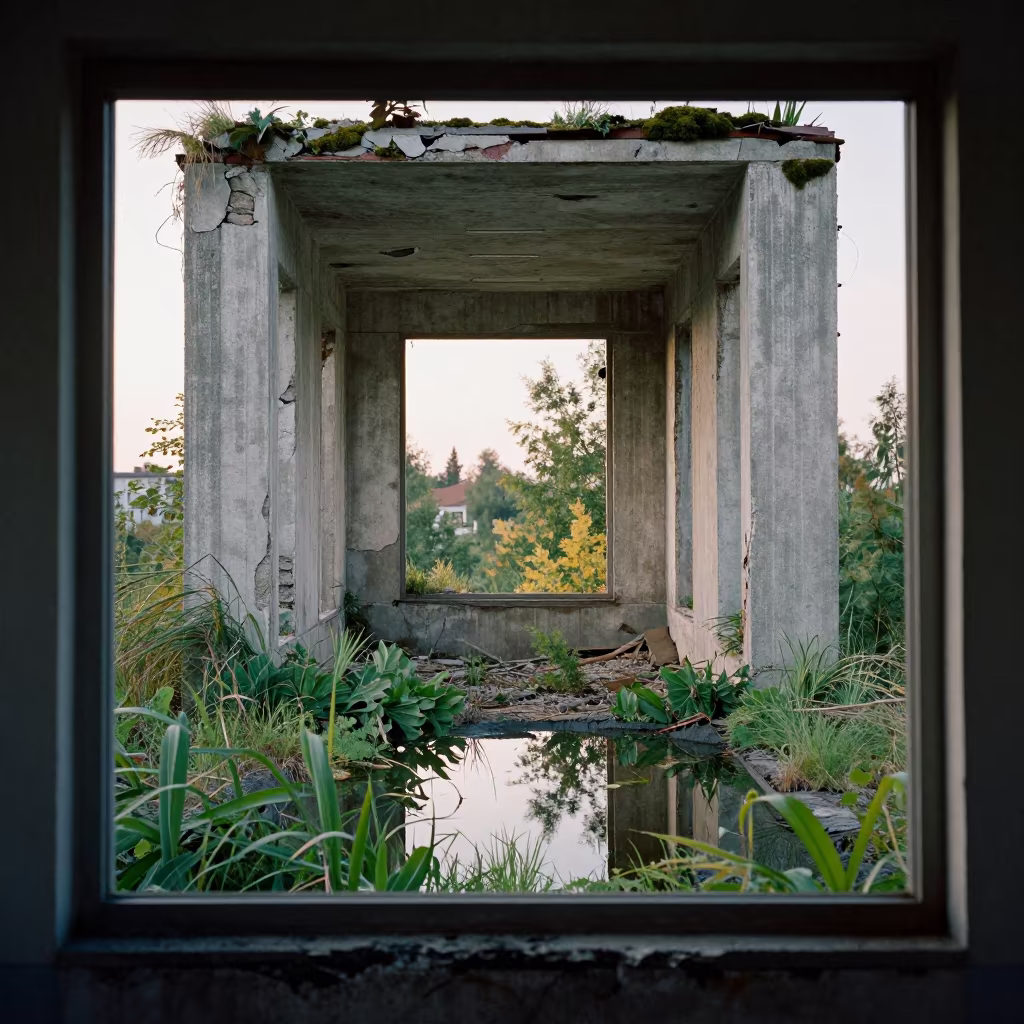 Crumbling Concrete Tower in Belarus Ruin in inside a roofless nave in Belarus