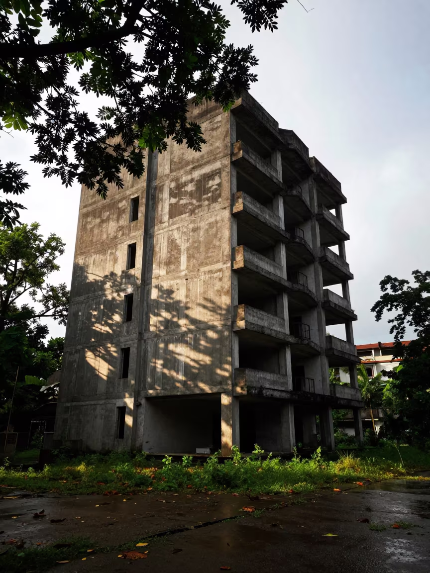 Crumbling Concrete Tower in Monsoon Ruins in through an abandoned ceremonial court near Pathein