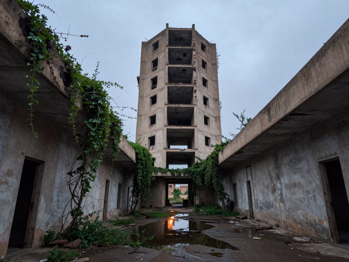 Crumbling Concrete Tower at Twilight in Marrakesh in along a vine-choked corridor near Marrakesh
