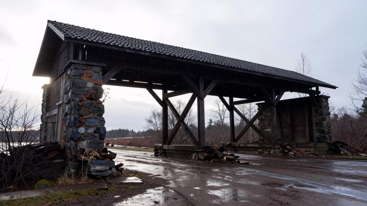 Crumbling Covered Bridge in Finnish Winter Ruins in among toppled columns and nettles in Finland