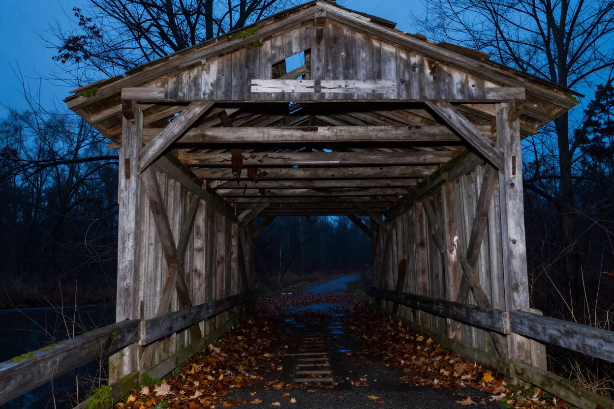 Crumbling Covered Bridge Ruin Autumn Twilight in inside a roofless hammam in Maryland