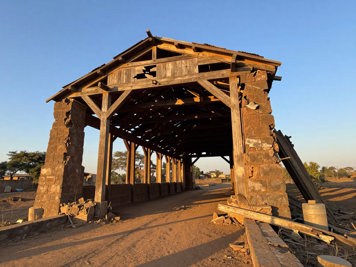 Crumbling Covered Bridge Ruin at Golden Hour in inside a roofless nave near Khartoum